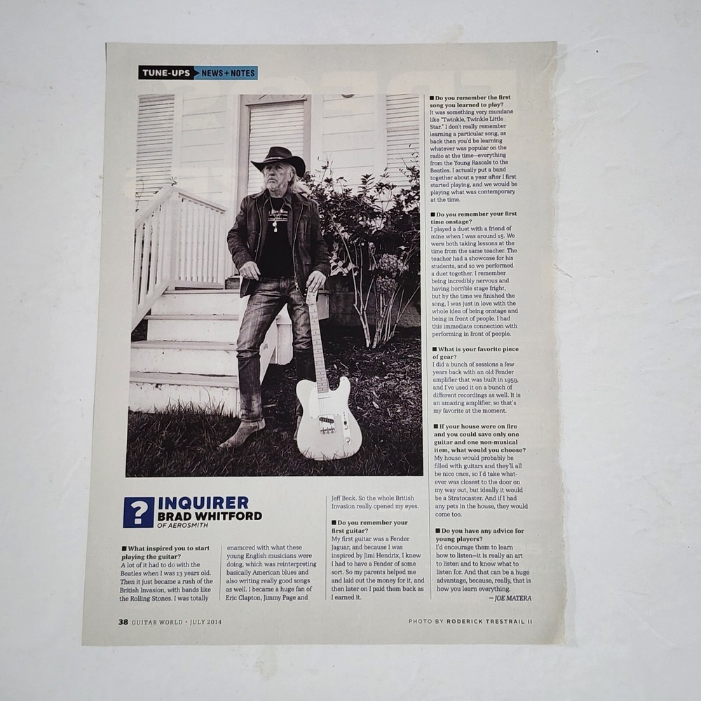 Brad Whitford Aerosmith Guitar World July 2014 article clipping 8x10.5